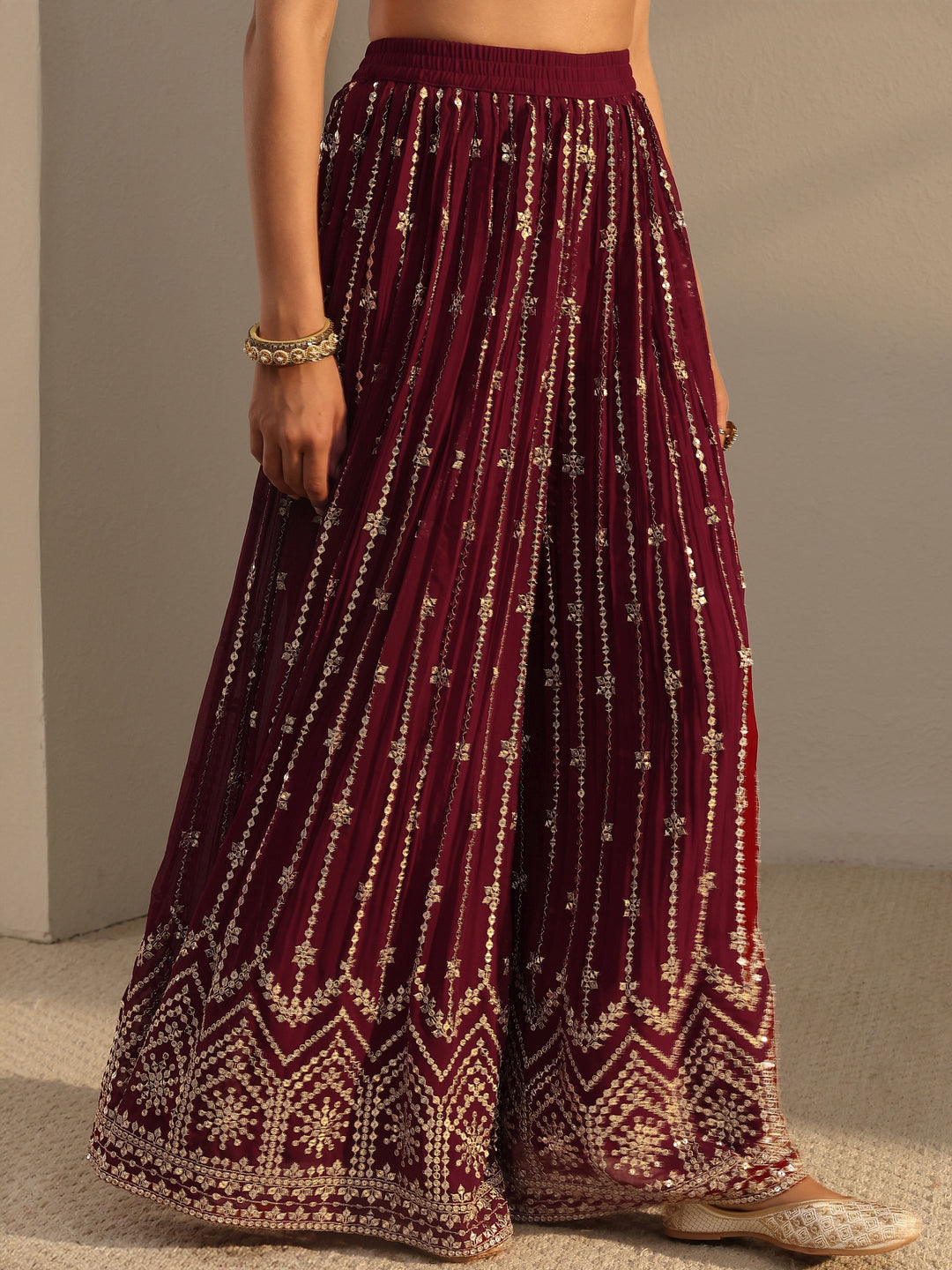 Libas Art Maroon Embellished Georgette Sharara Suit Set With Dupatta