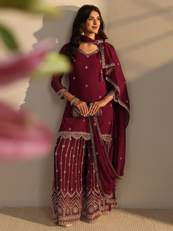 Libas Art Maroon Embellished Georgette Sharara Suit Set With Dupatta