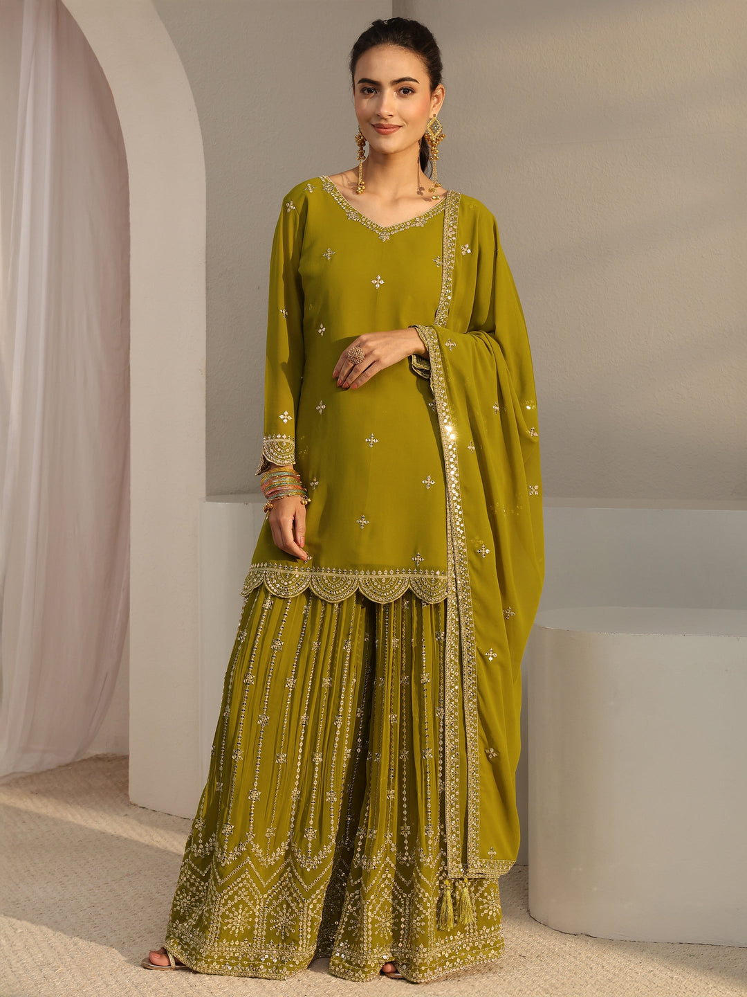 Libas Art Green Embellished Georgette Palazzo Suit Set With Dupatta
