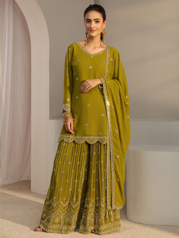 Libas Art Green Embellished Georgette Palazzo Suit Set With Dupatta