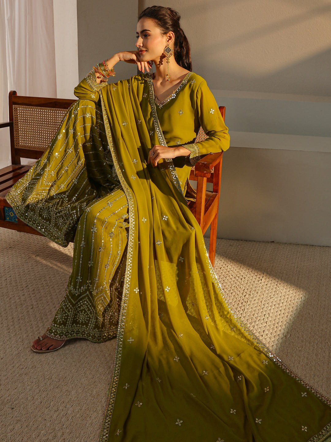Libas Art Green Embellished Georgette Palazzo Suit Set With Dupatta