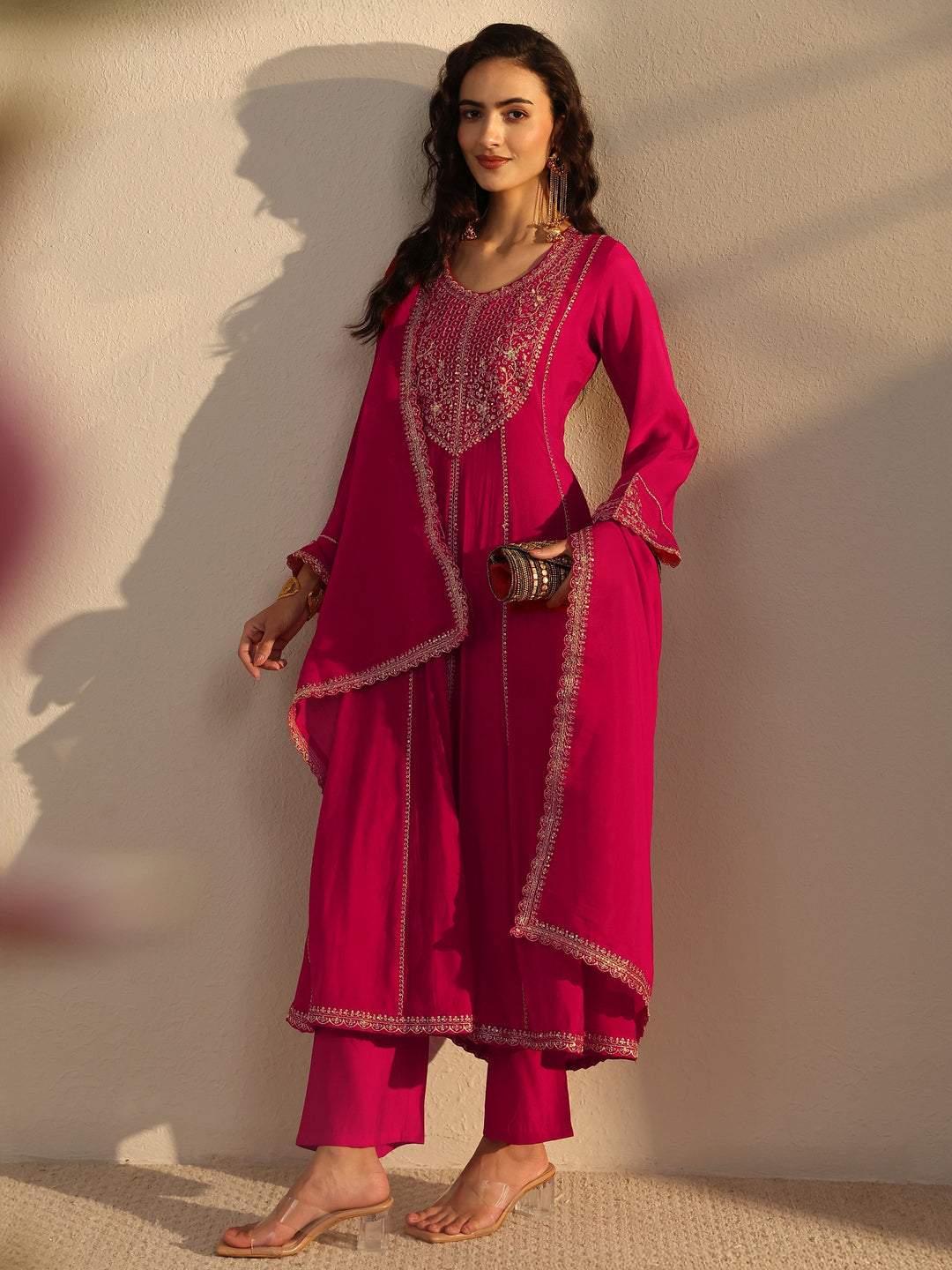 Red Embroidered Chanderi Silk A-Line Suit Set With Dupatta