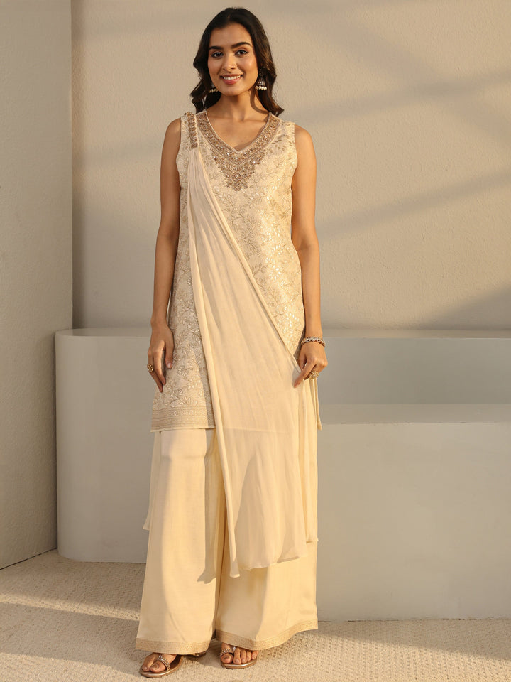 Ivory Floral Woven Design Silk Blend Straight Suit Set