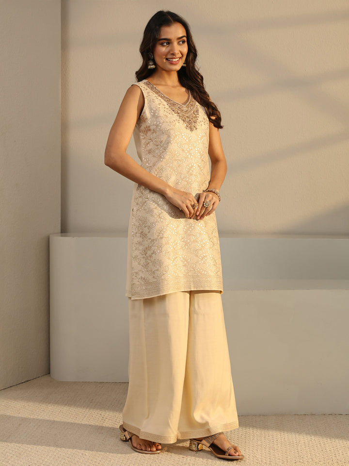 Ivory Floral Woven Design Silk Blend Straight Suit Set