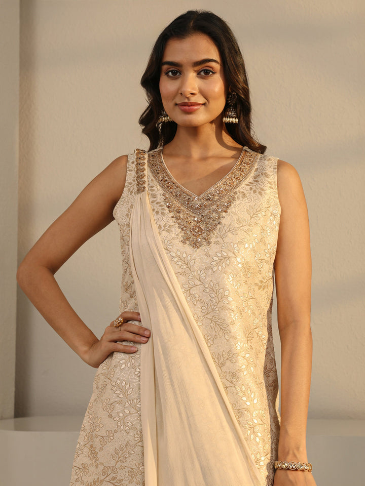 Ivory Floral Woven Design Silk Blend Straight Suit Set
