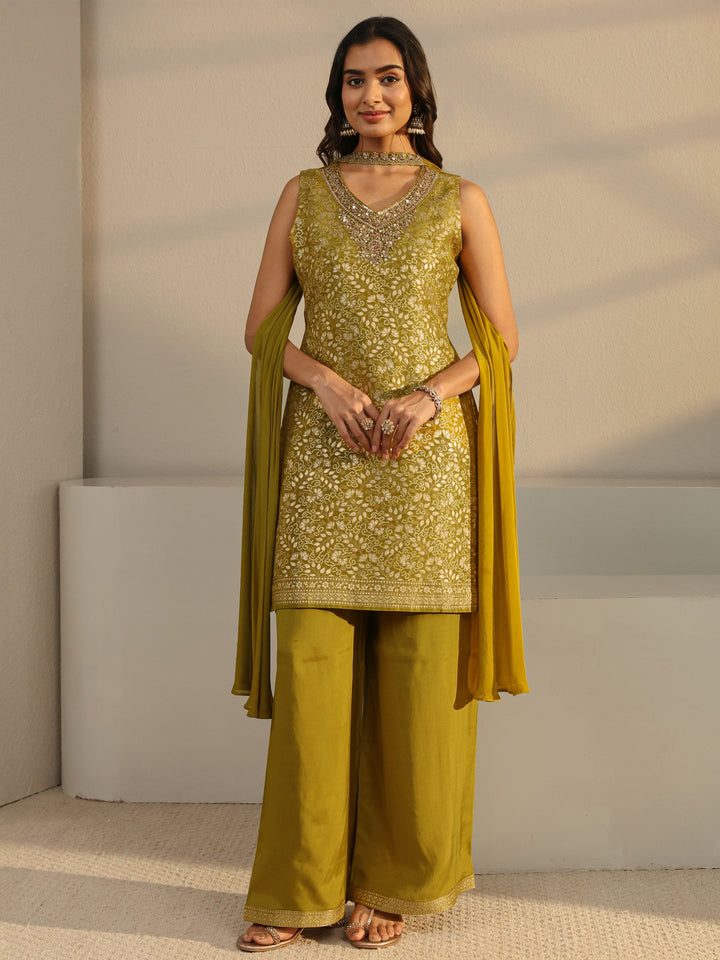 Green Floral Woven Design Silk Blend Straight Suit Set
