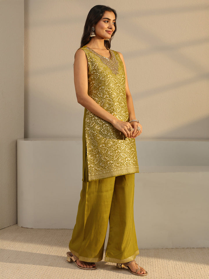 Green Floral Woven Design Silk Blend Straight Suit Set