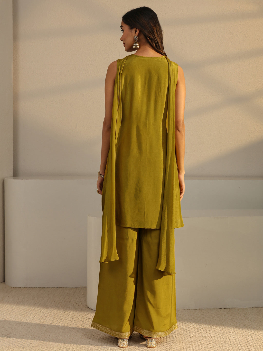 Green Floral Woven Design Silk Blend Straight Suit Set