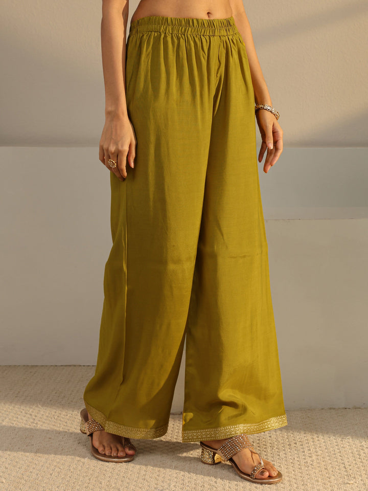 Green Floral Woven Design Silk Blend Straight Suit Set
