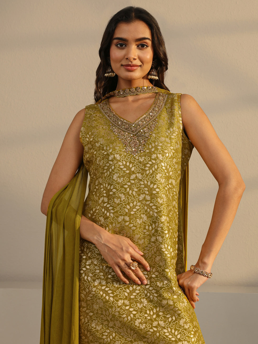 Green Floral Woven Design Silk Blend Straight Suit Set