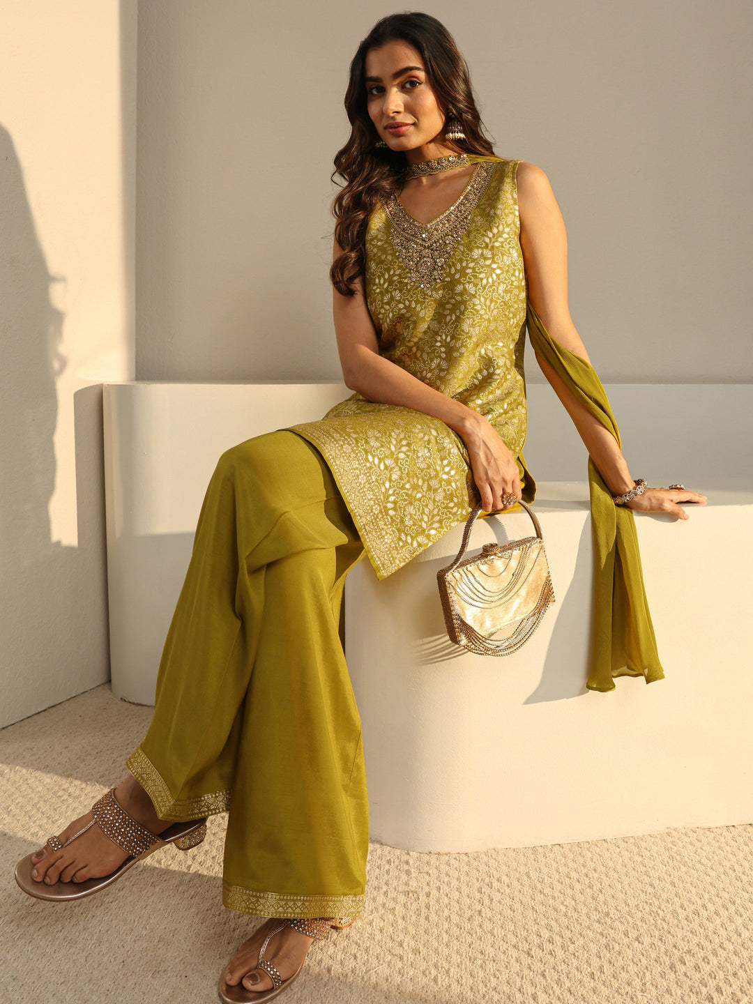 Green Floral Woven Design Silk Blend Straight Suit Set