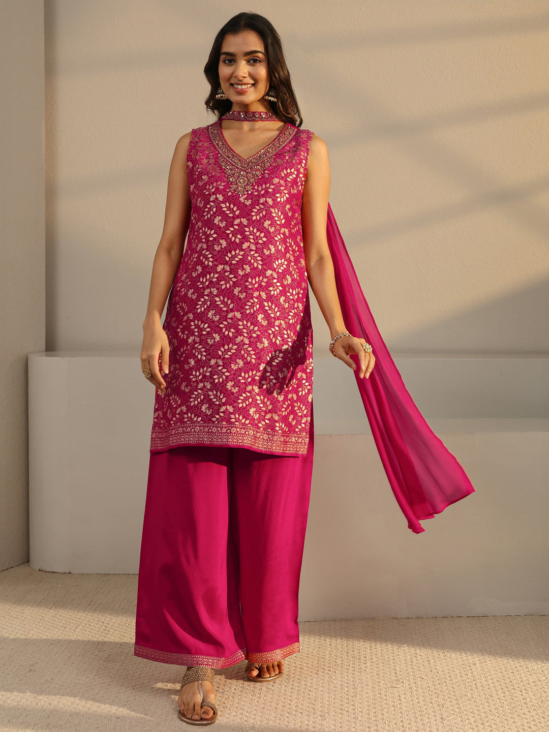 Pink Floral Woven Design Silk Blend Straight Suit Set