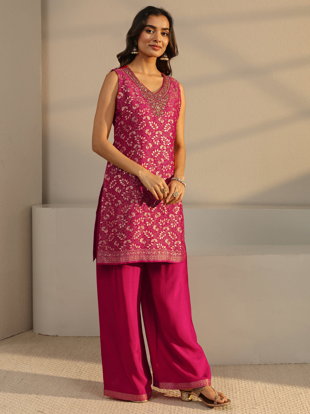 Pink Floral Woven Design Silk Blend Straight Suit Set