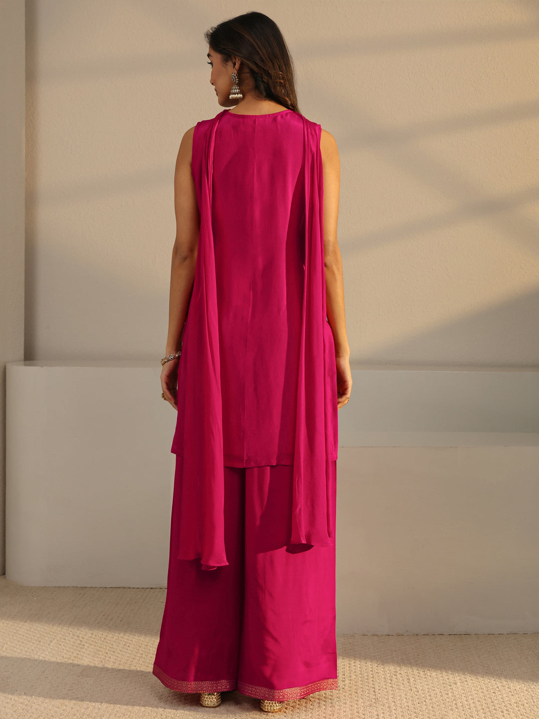 Pink Floral Woven Design Silk Blend Straight Suit Set