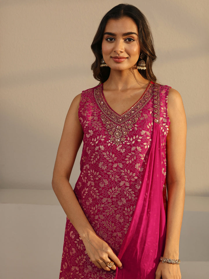 Pink Floral Woven Design Silk Blend Straight Suit Set