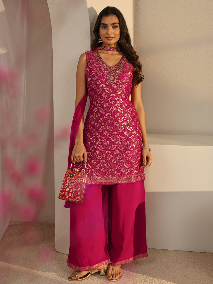 Pink Floral Woven Design Silk Blend Straight Suit Set