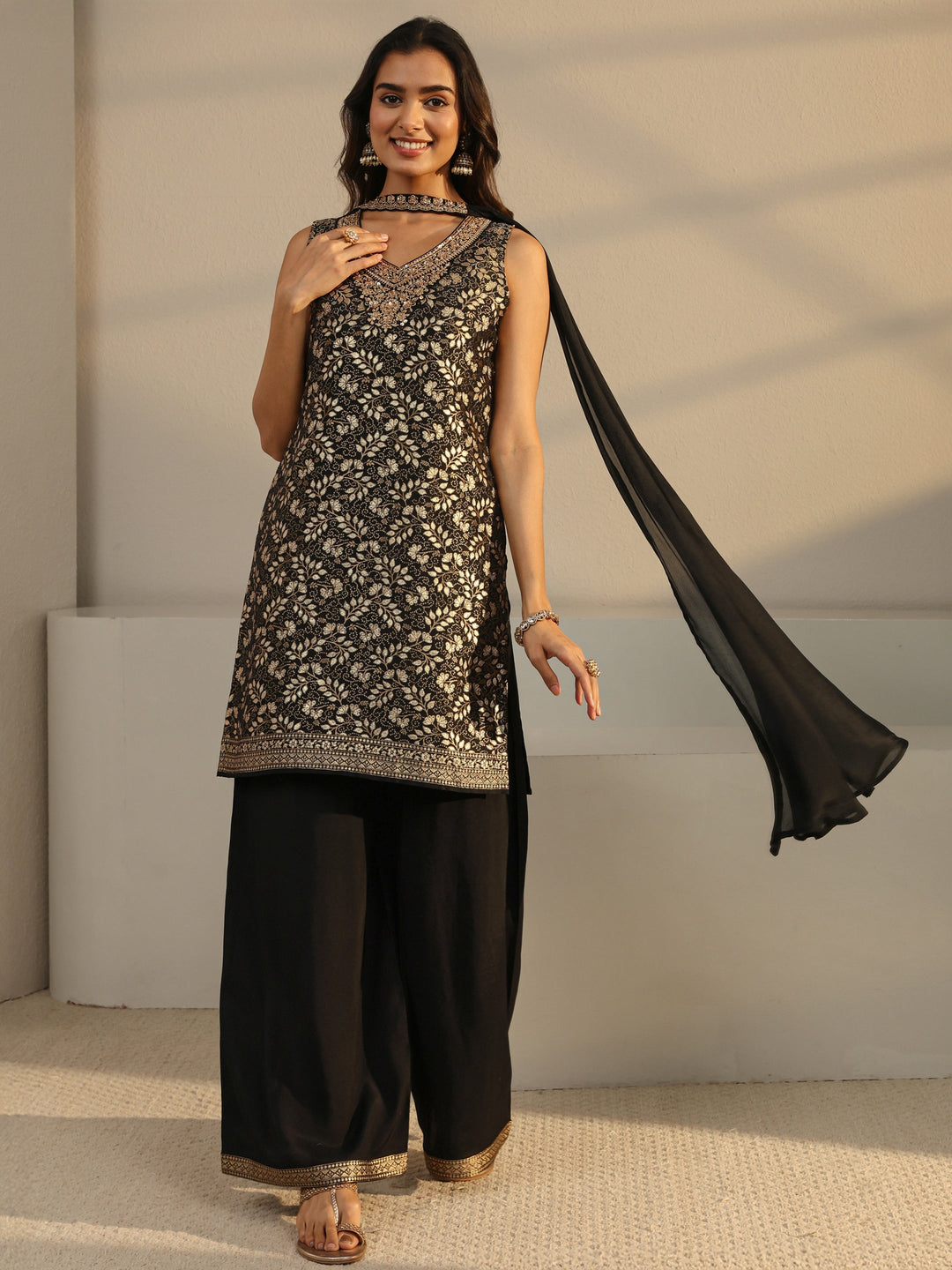 Black Floral Woven Design Silk Blend Straight Suit Set