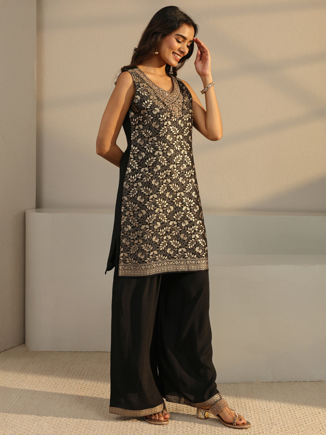 Black Floral Woven Design Silk Blend Straight Suit Set