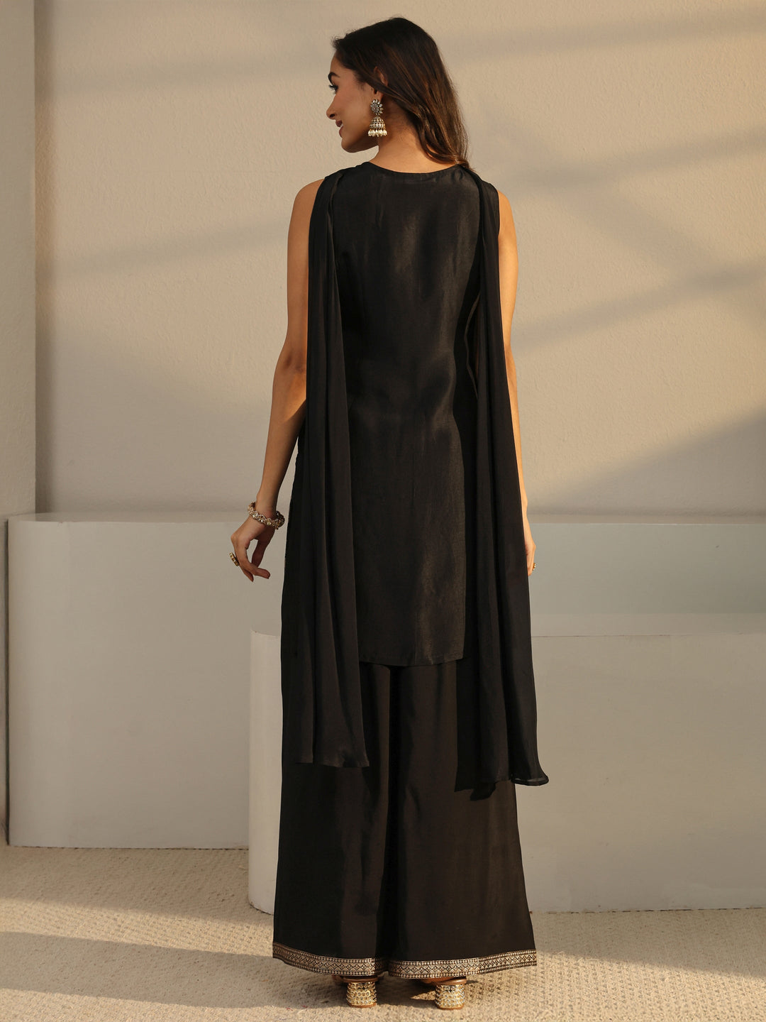 Black Floral Woven Design Silk Blend Straight Suit Set