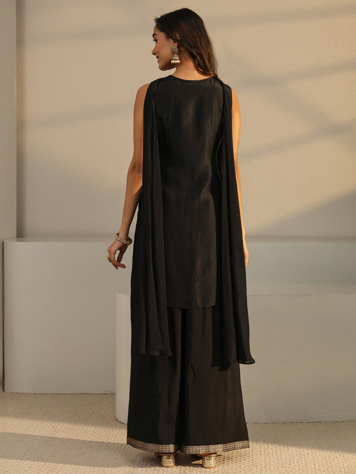 Black Floral Woven Design Silk Blend Straight Suit Set