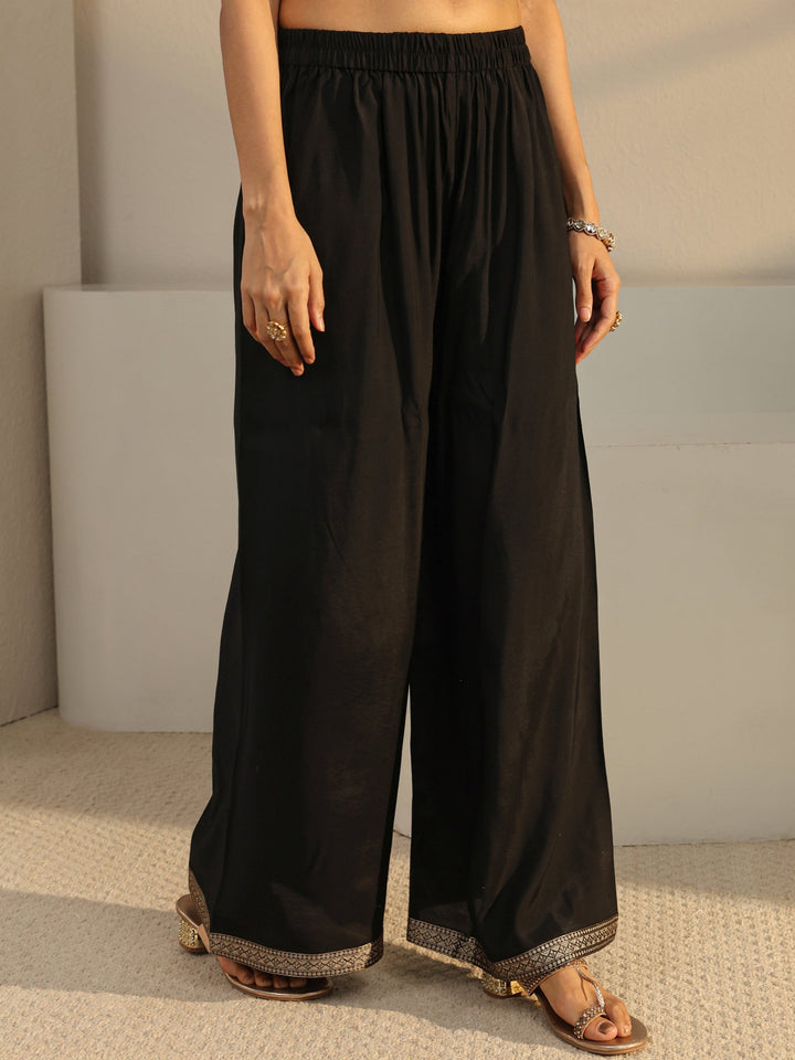 Black Floral Woven Design Silk Blend Straight Suit Set