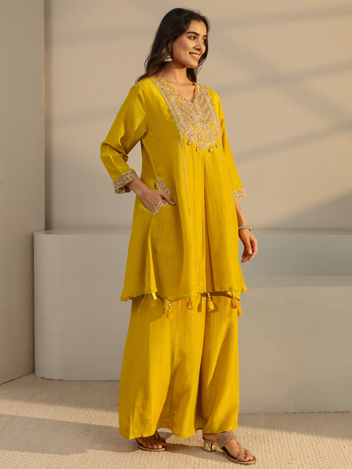 Libas Art Mustard Embroidered Chinon A-Line Suit Set With Dupatta