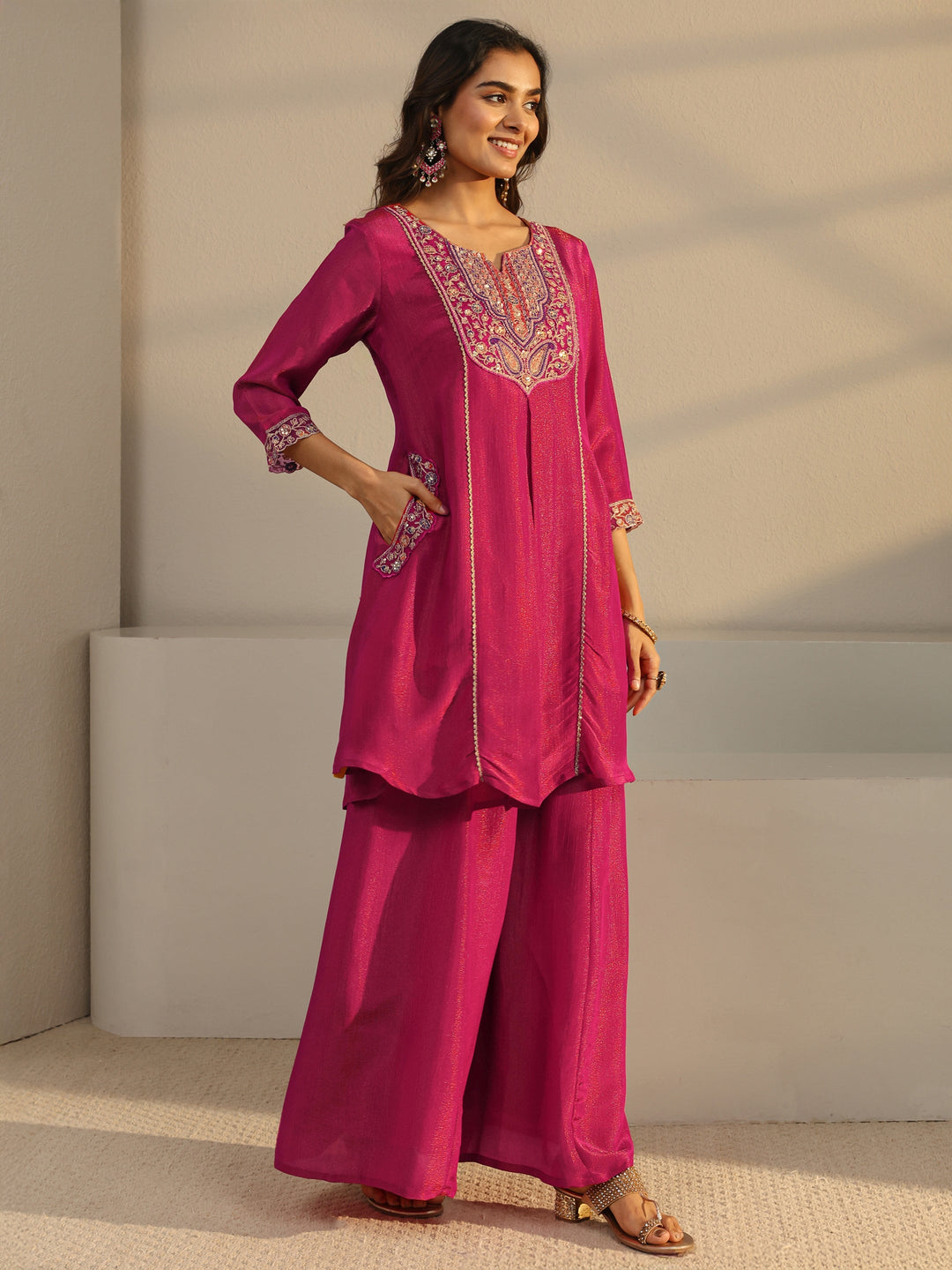 Libas Art Pink Embroidered Chinon A-Line Suit Set With Dupatta