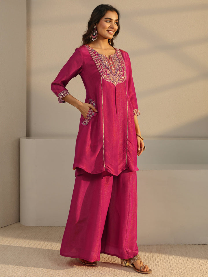 Libas Art Pink Embroidered Chinon A-Line Suit Set With Dupatta