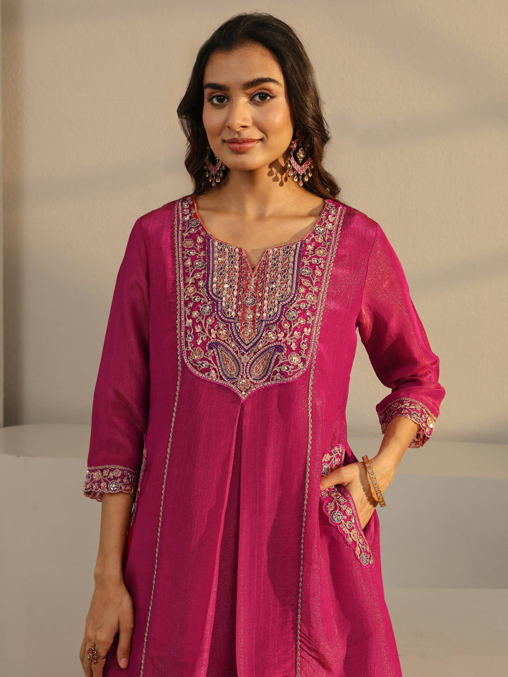 Libas Art Pink Embroidered Chinon A-Line Suit Set With Dupatta