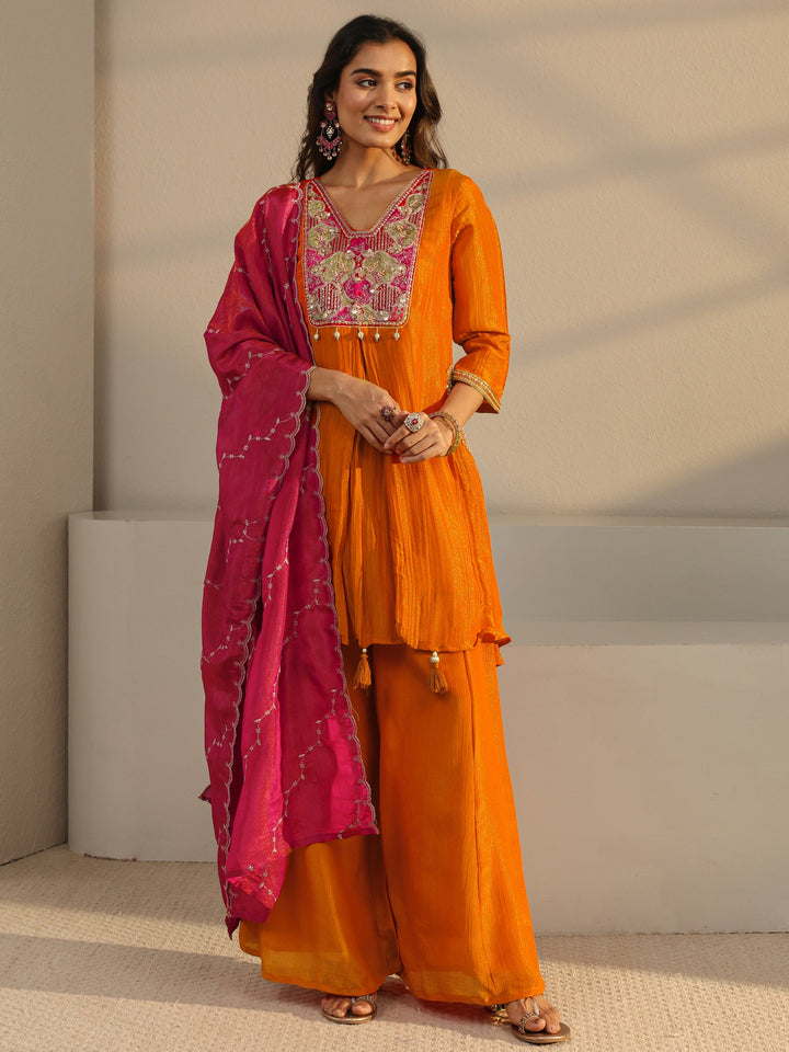 Libas Art Orange Embroidered Chinon A-Line Suit Set With Dupatta