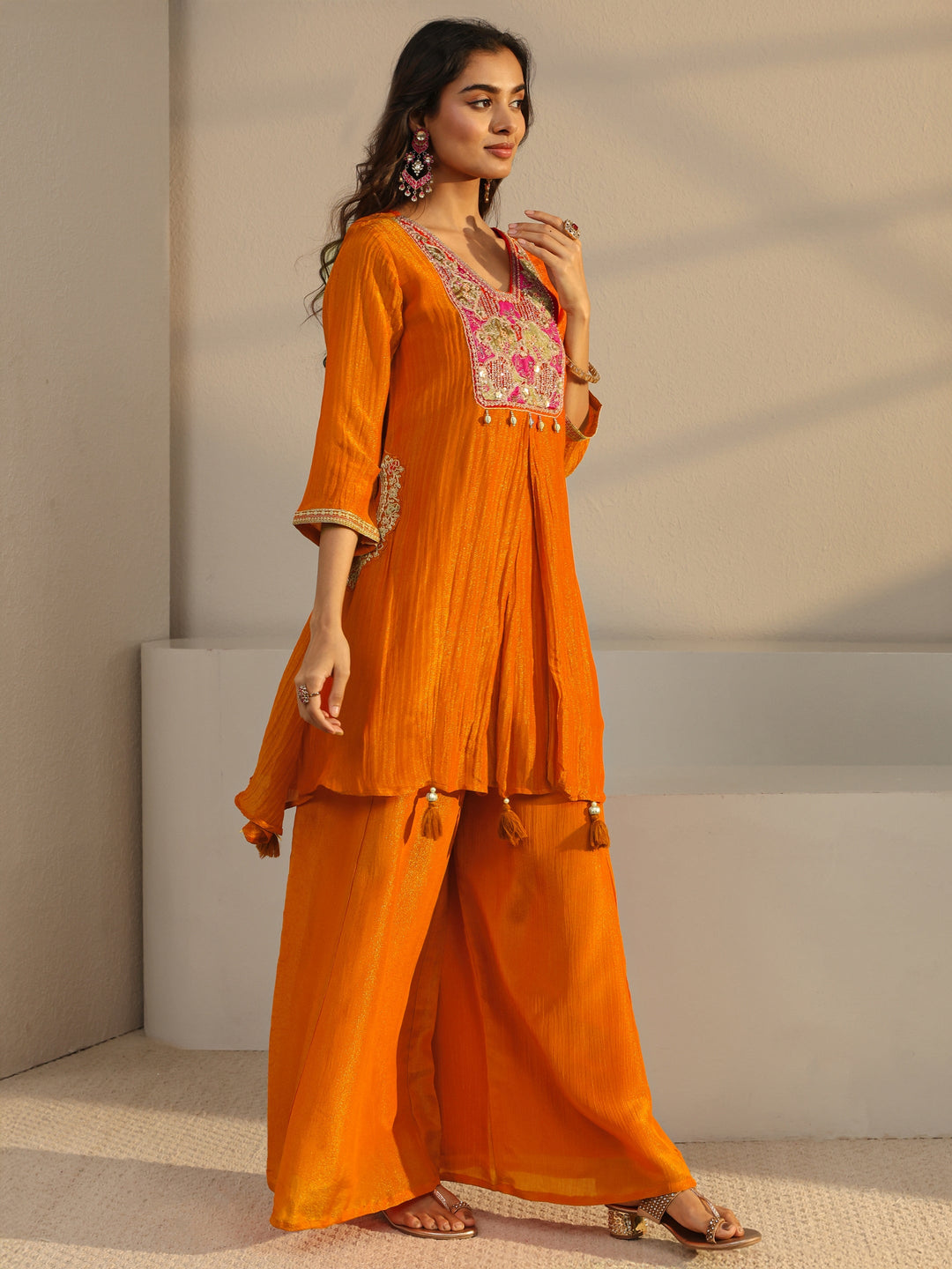 Libas Art Orange Embroidered Chinon A-Line Suit Set With Dupatta