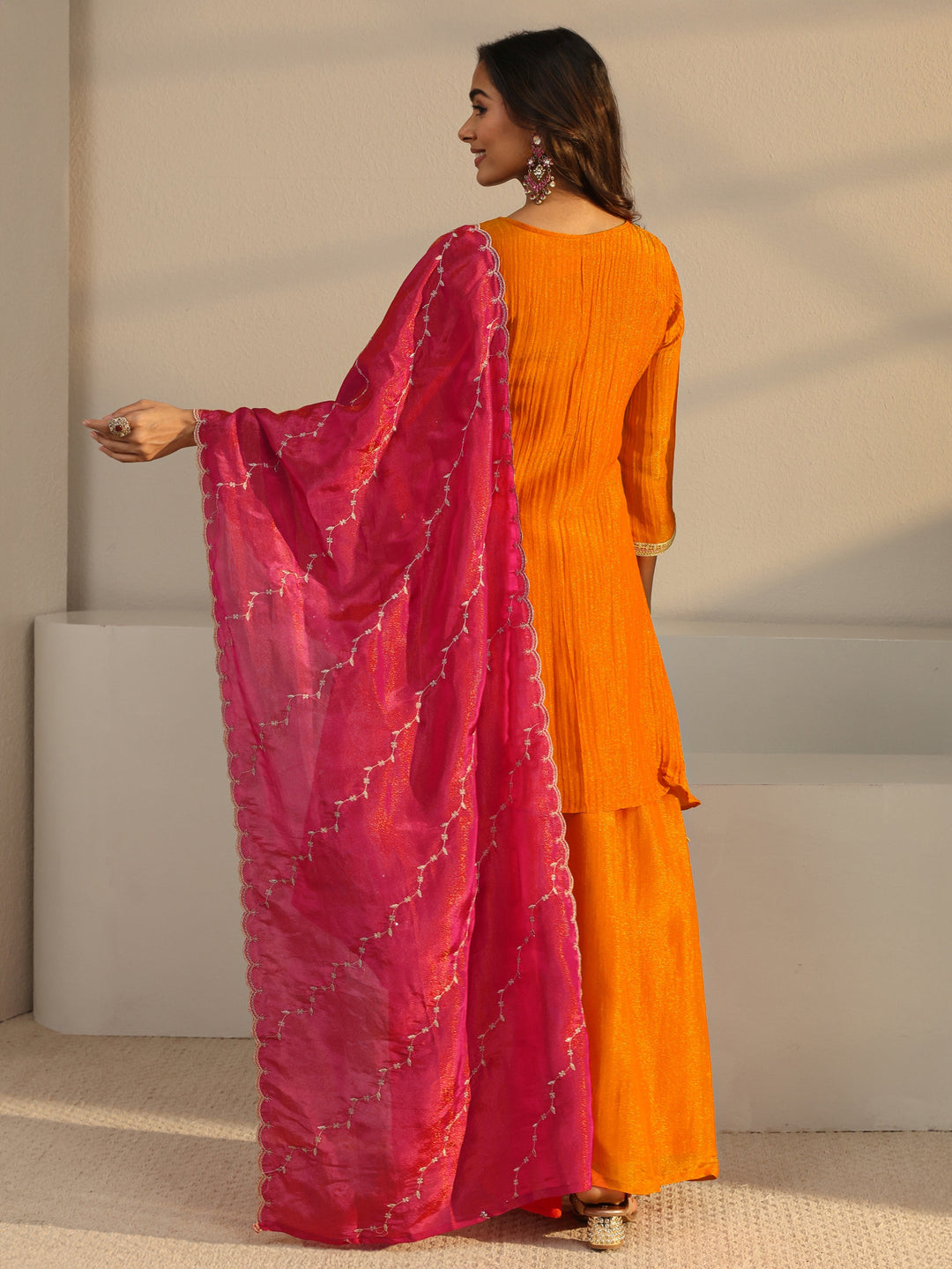 Libas Art Orange Embroidered Chinon A-Line Suit Set With Dupatta