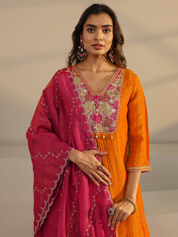 Libas Art Orange Embroidered Chinon A-Line Suit Set With Dupatta