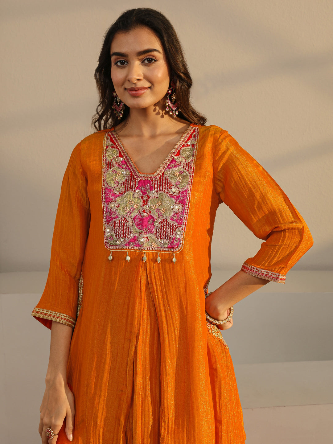 Libas Art Orange Embroidered Chinon A-Line Suit Set With Dupatta