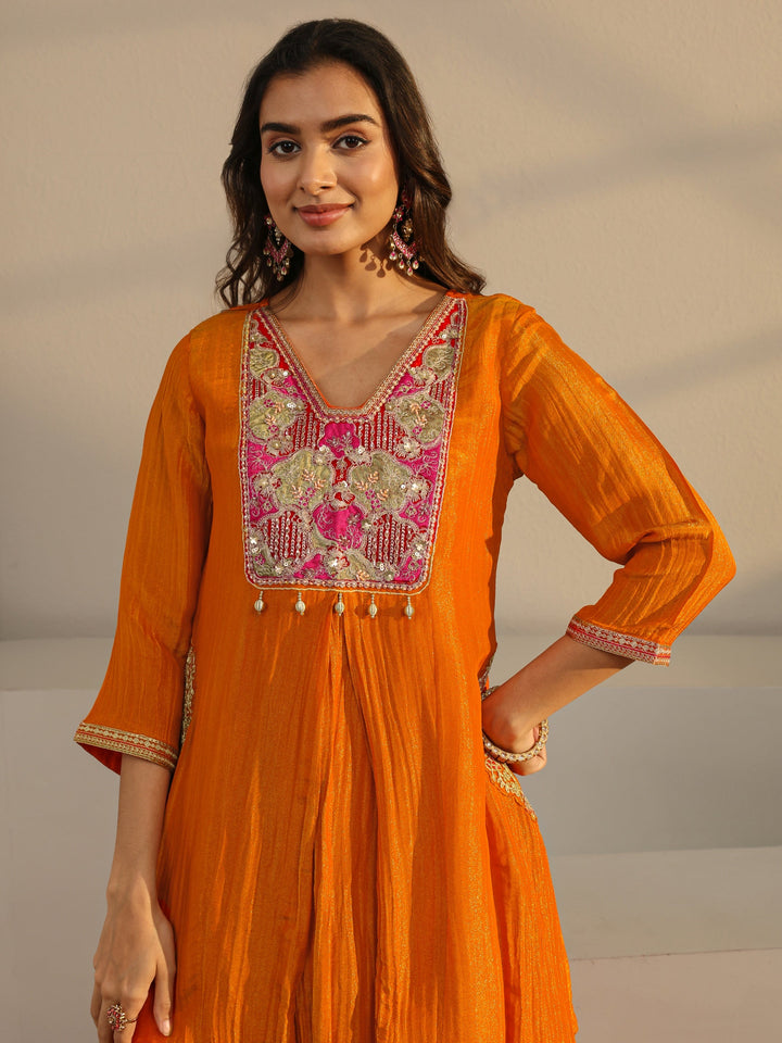 Libas Art Orange Embroidered Chinon A-Line Suit Set With Dupatta