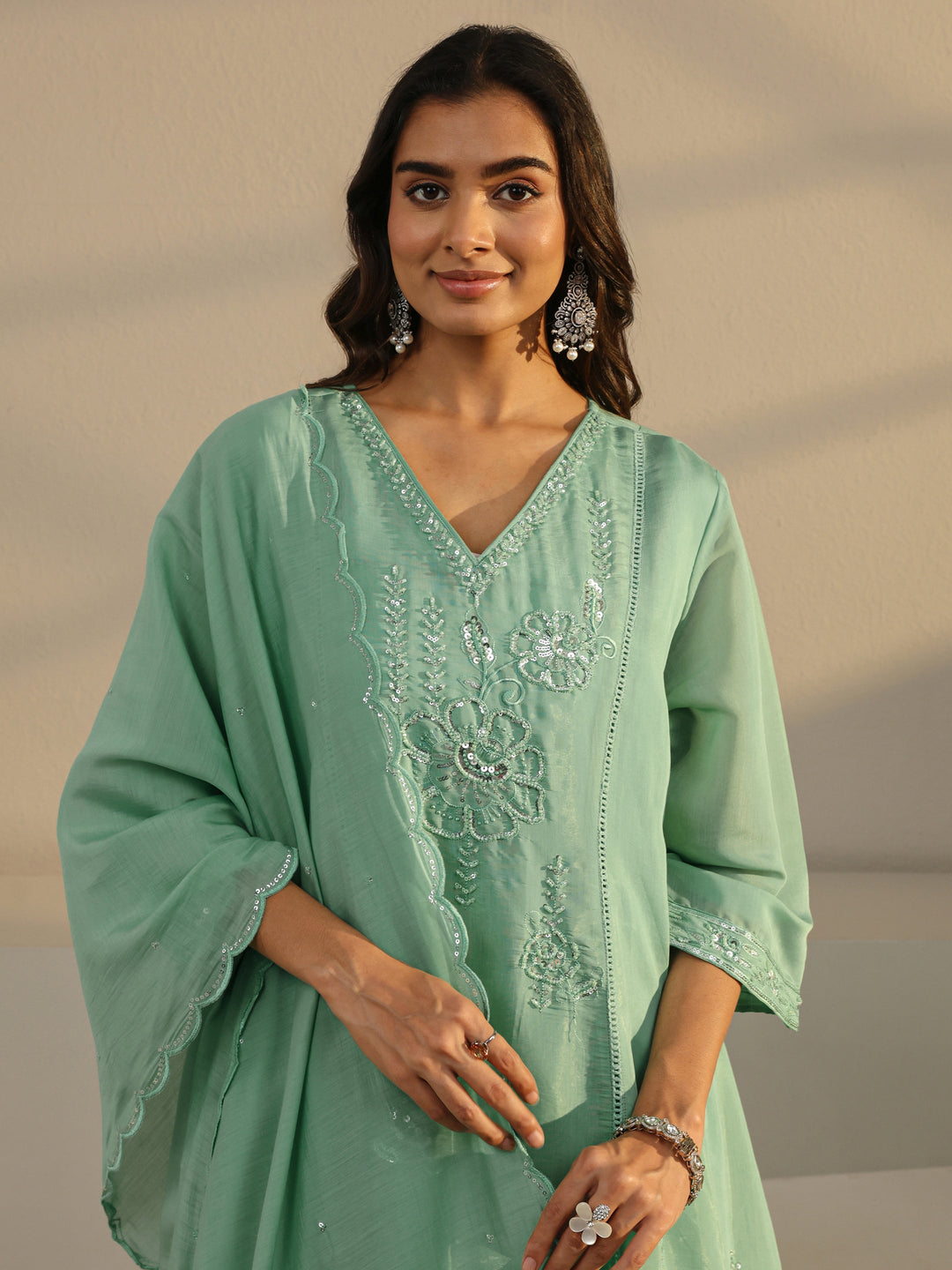 Libas Art Green Floral Embellished Chanderi Silk A-Line Suit Set With Dupatta
