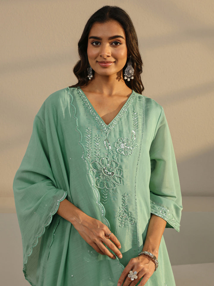 Libas Art Green Floral Embellished Chanderi Silk A-Line Suit Set With Dupatta