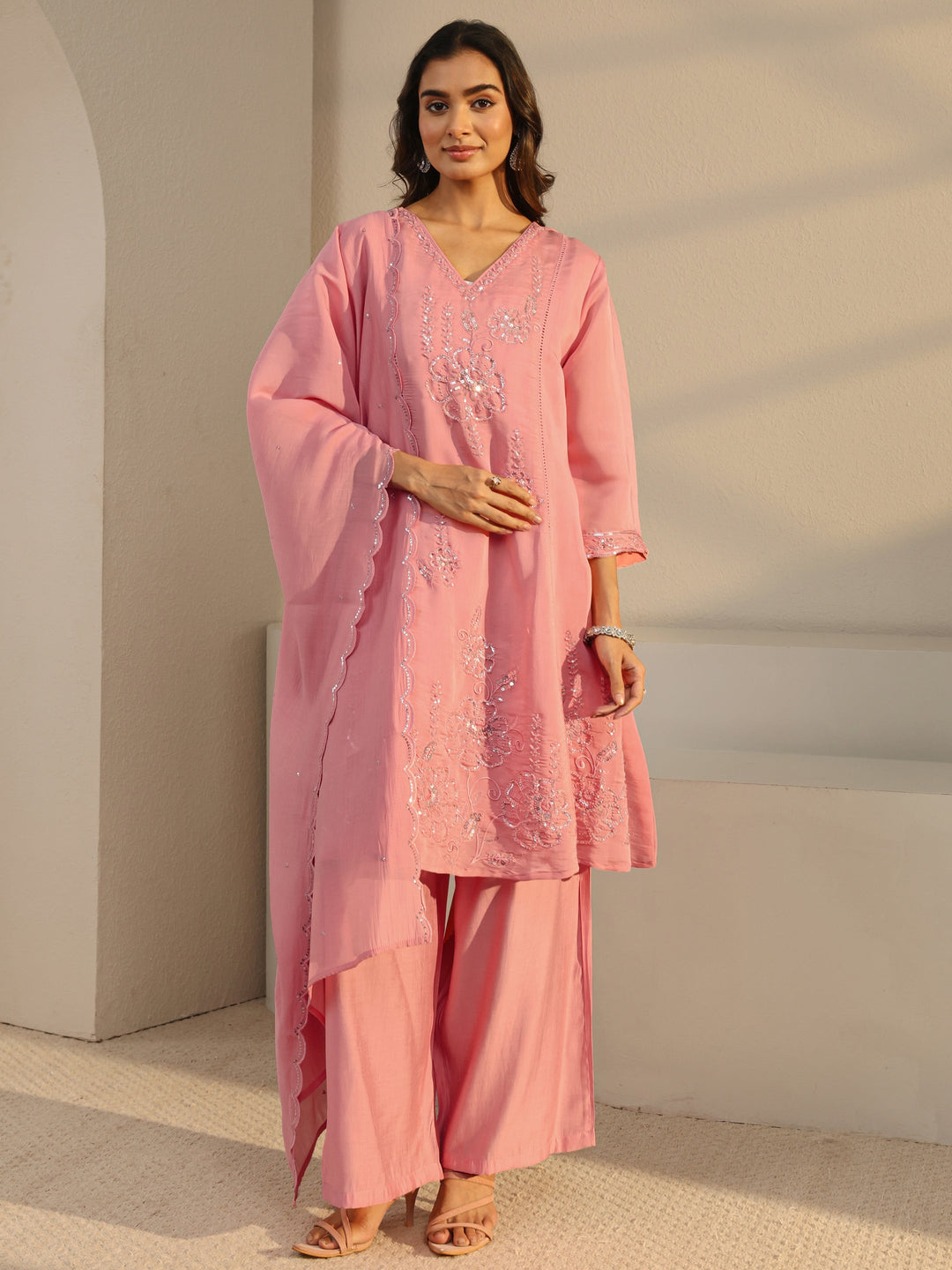 Libas Art Pink Floral Embellished Chanderi Silk A-Line Suit Set With Dupatta