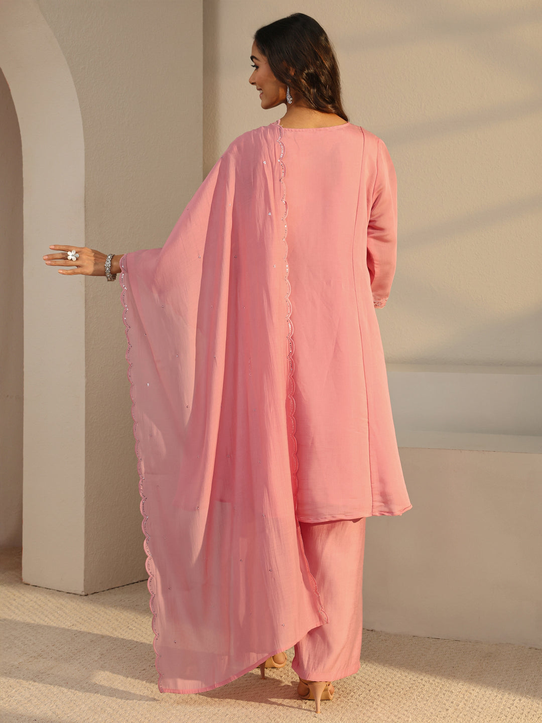 Libas Art Pink Floral Embellished Chanderi Silk A-Line Suit Set With Dupatta
