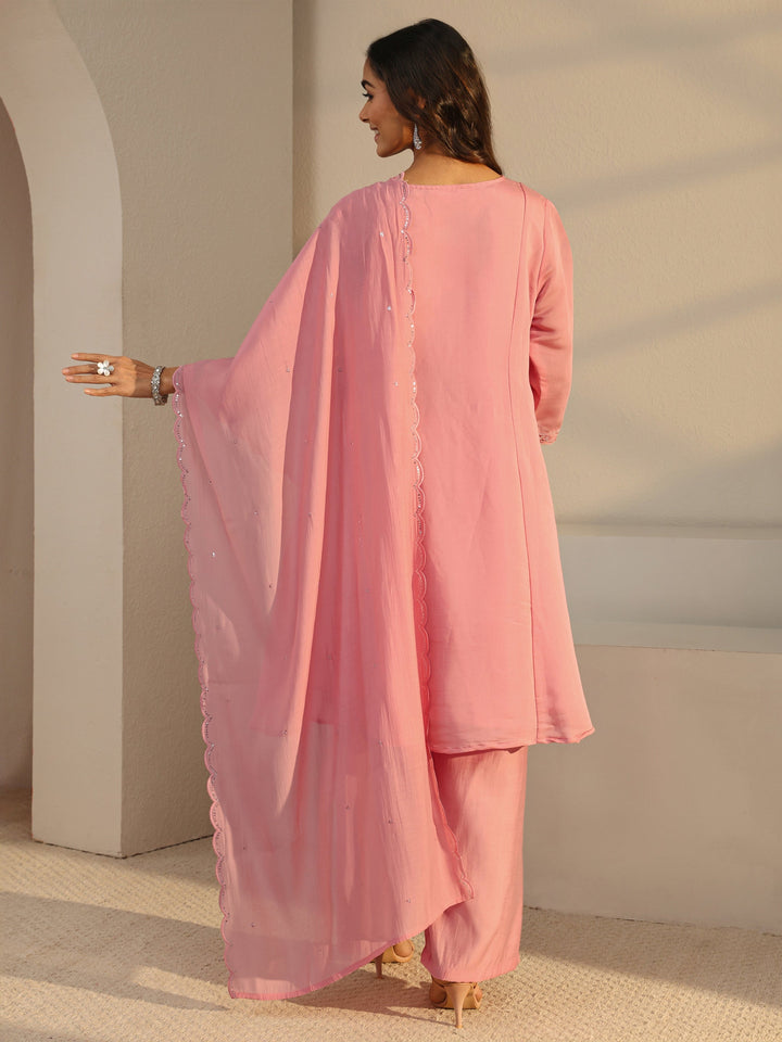 Libas Art Pink Floral Embellished Chanderi Silk A-Line Suit Set With Dupatta
