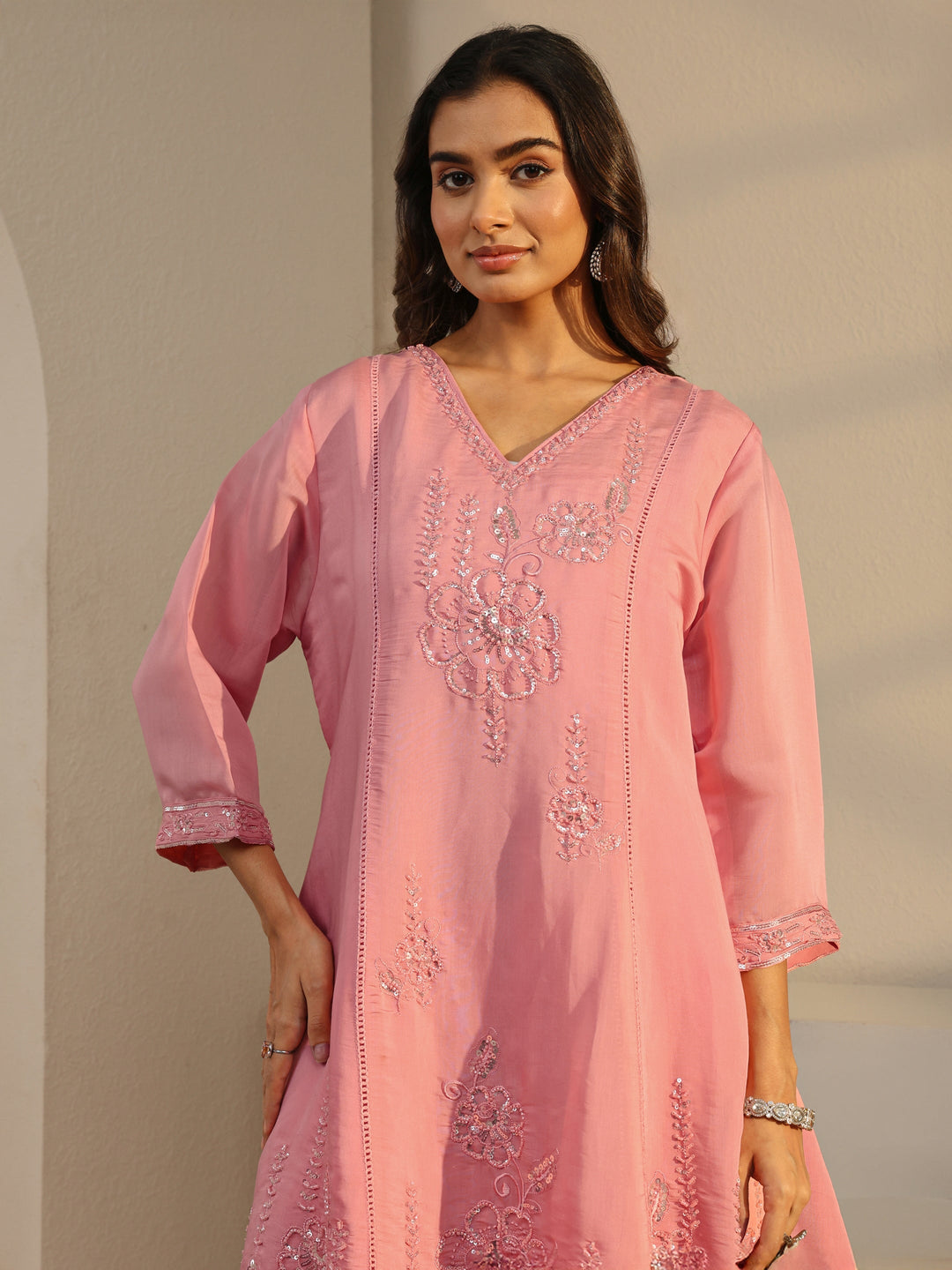 Libas Art Pink Floral Embellished Chanderi Silk A-Line Suit Set With Dupatta