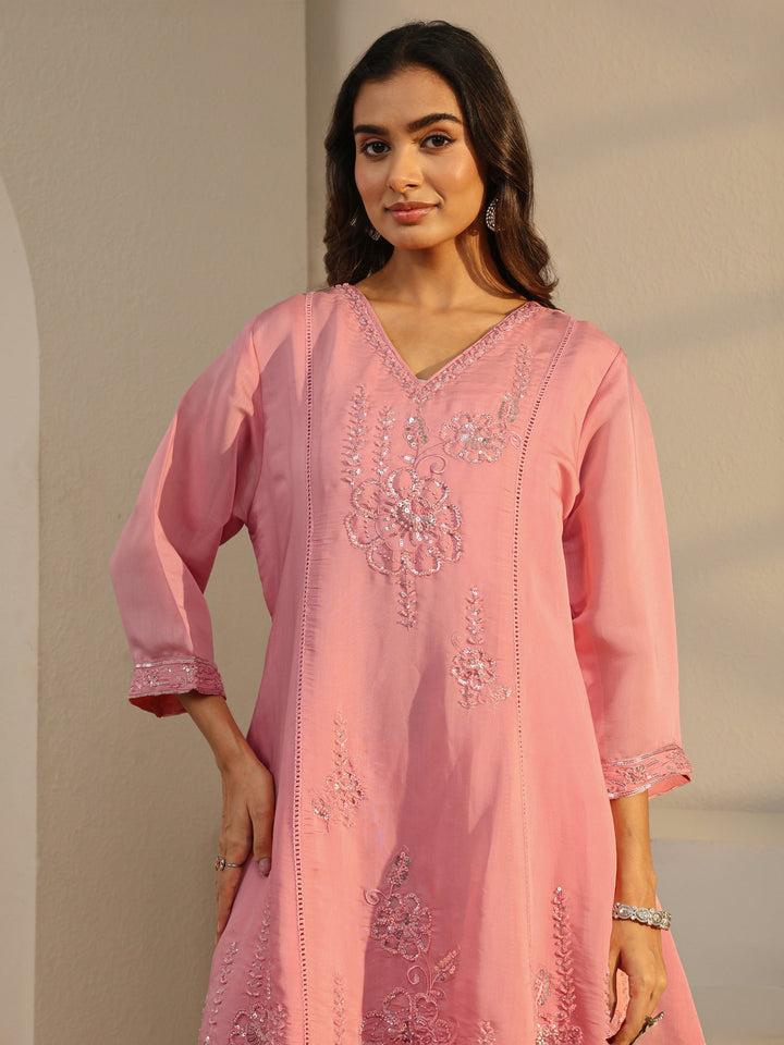 Libas Art Pink Floral Embellished Chanderi Silk A-Line Suit Set With Dupatta