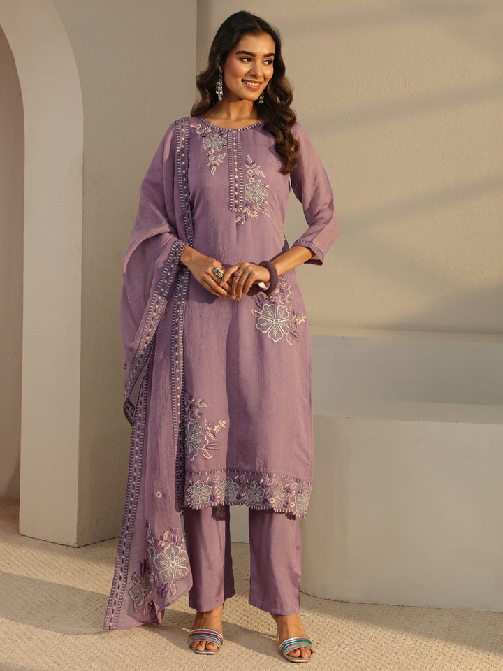Lavender Floral Embroidered Organza Straight Suit Set
