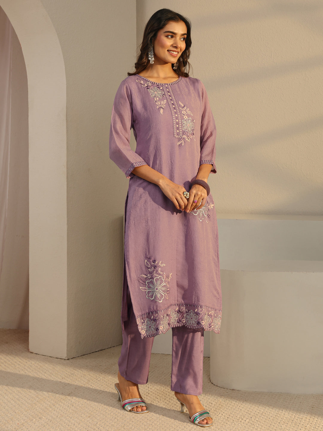 Lavender Floral Embroidered Organza Straight Suit Set