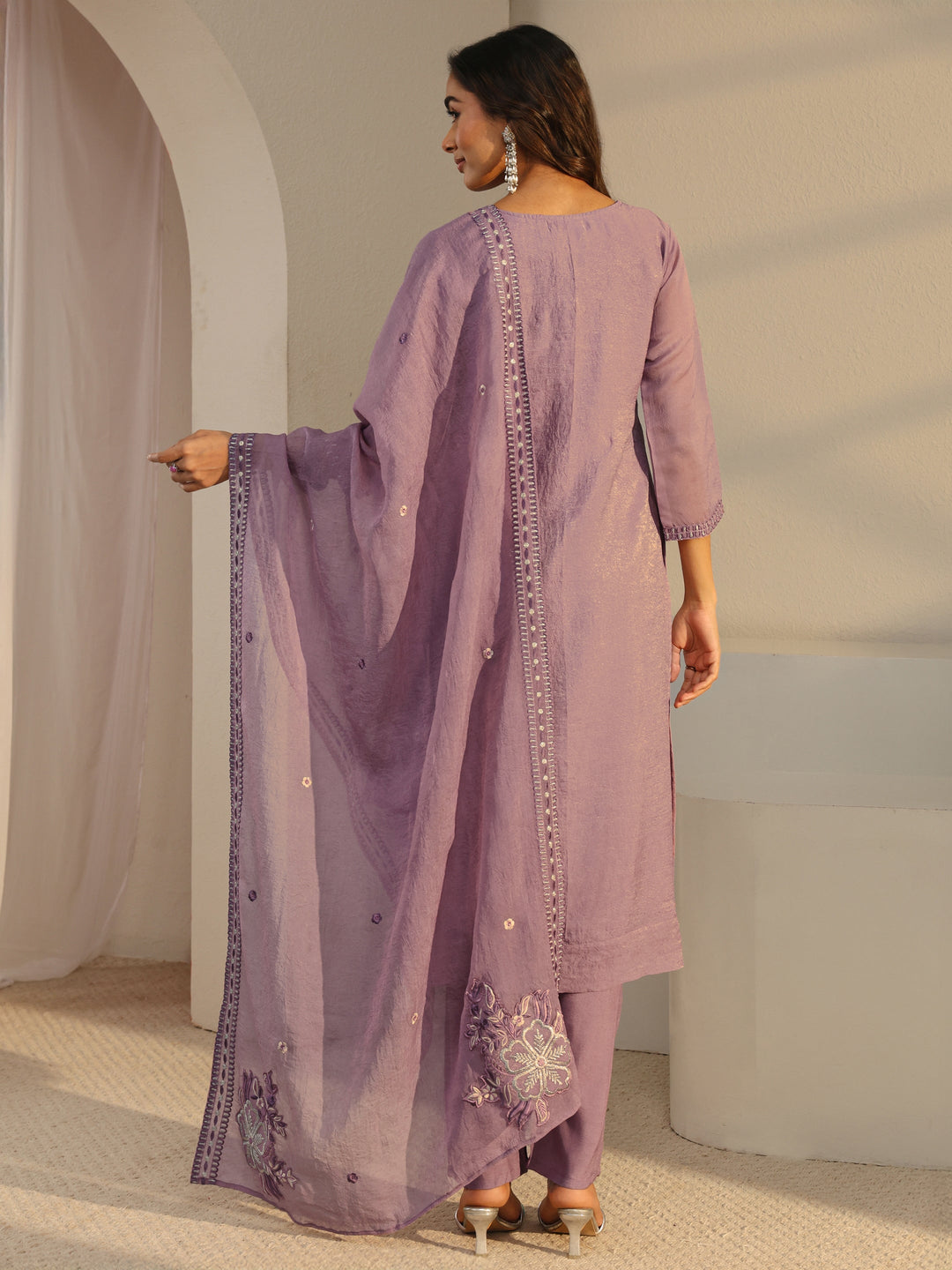 Lavender Floral Embroidered Organza Straight Suit Set