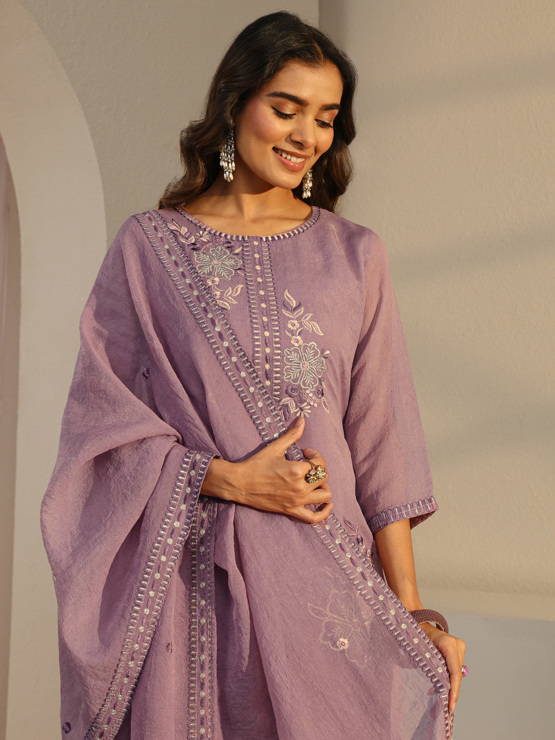 Lavender Floral Embroidered Organza Straight Suit Set