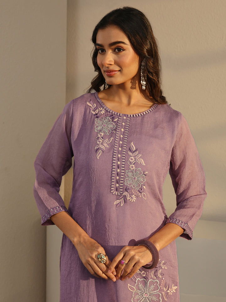 Lavender Floral Embroidered Organza Straight Suit Set