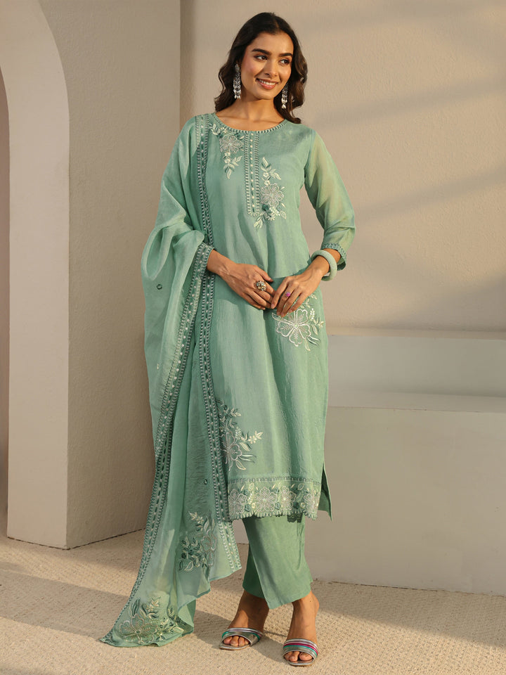 Green Floral Embroidered Organza Straight Suit Set