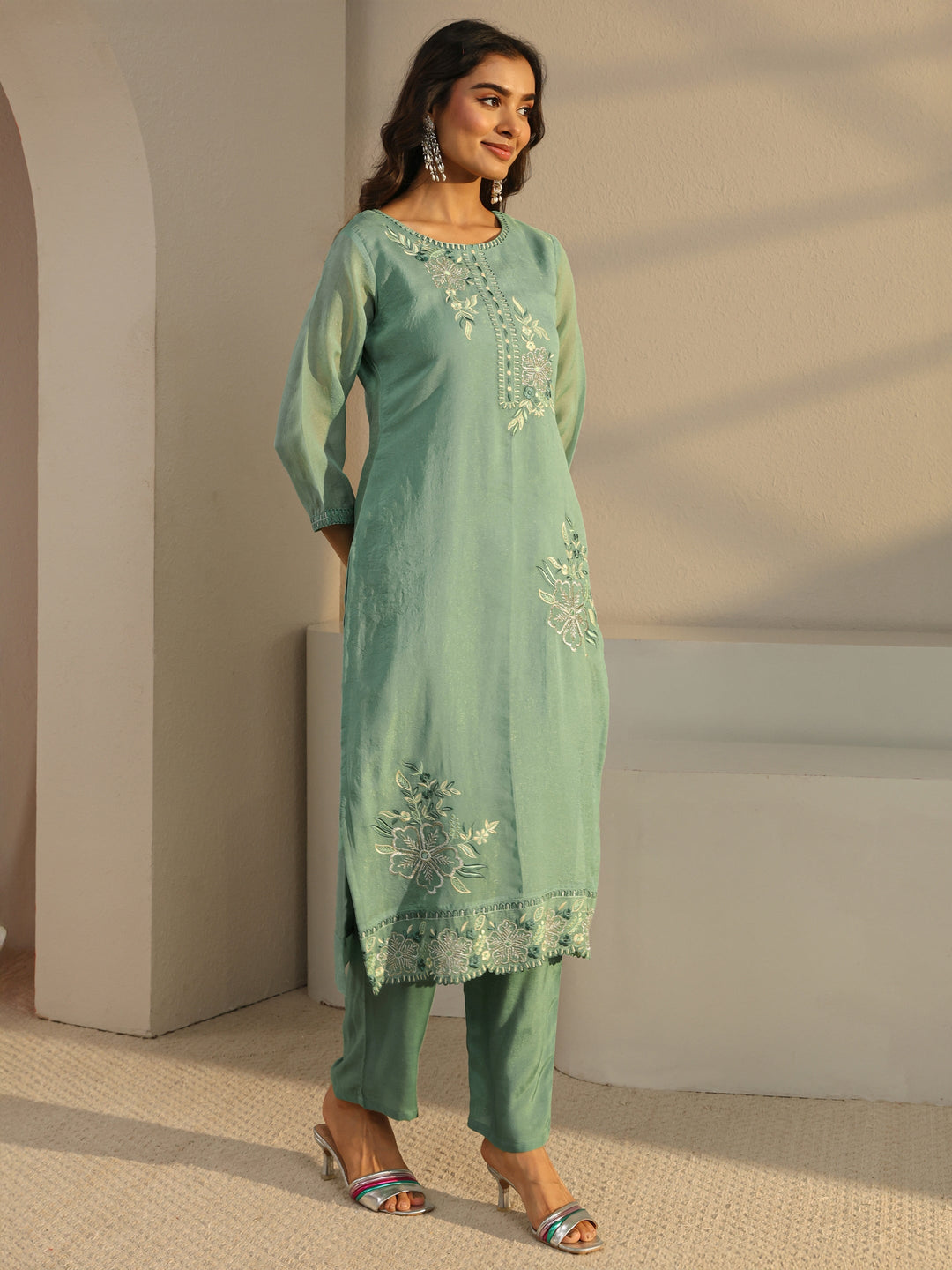 Green Floral Embroidered Organza Straight Suit Set