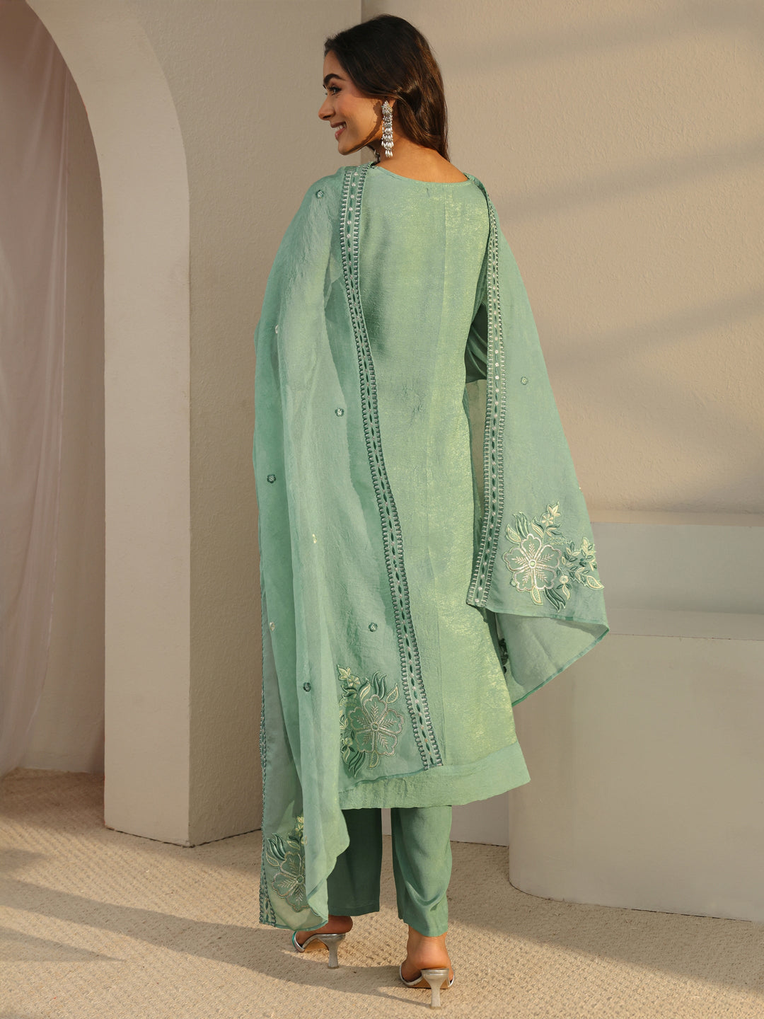 Green Floral Embroidered Organza Straight Suit Set